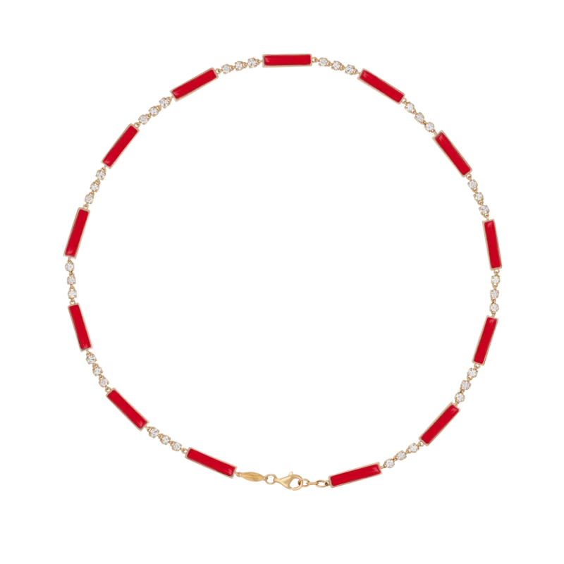 DI PAROSSO Red necklace yellow gold set with 36 brilliant cut natural diamonds and 13 natural cut red stones.