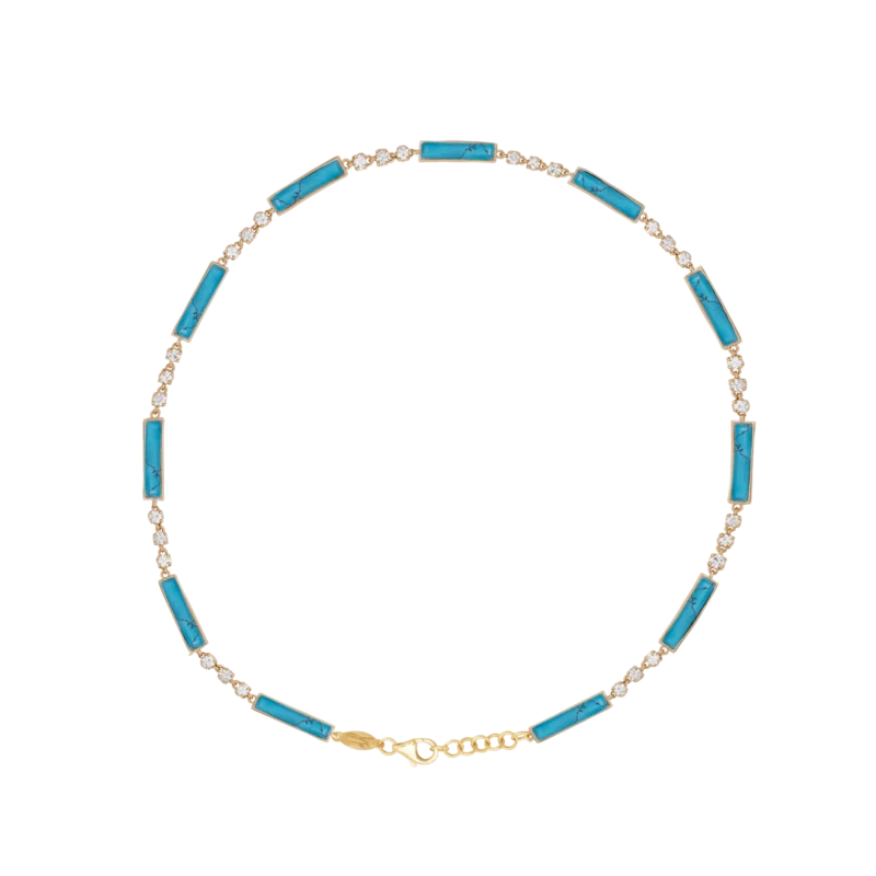 DI ACQUA Blue necklace Yellow gold set with brilliant cut natural diamonds, and natural cut Fairuz stones.