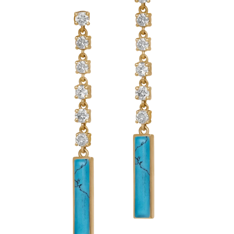 DI ACQUA Long pair earing Blue yellow gold set with 12 natural cut brilliant diamond and 2 fairuz stone