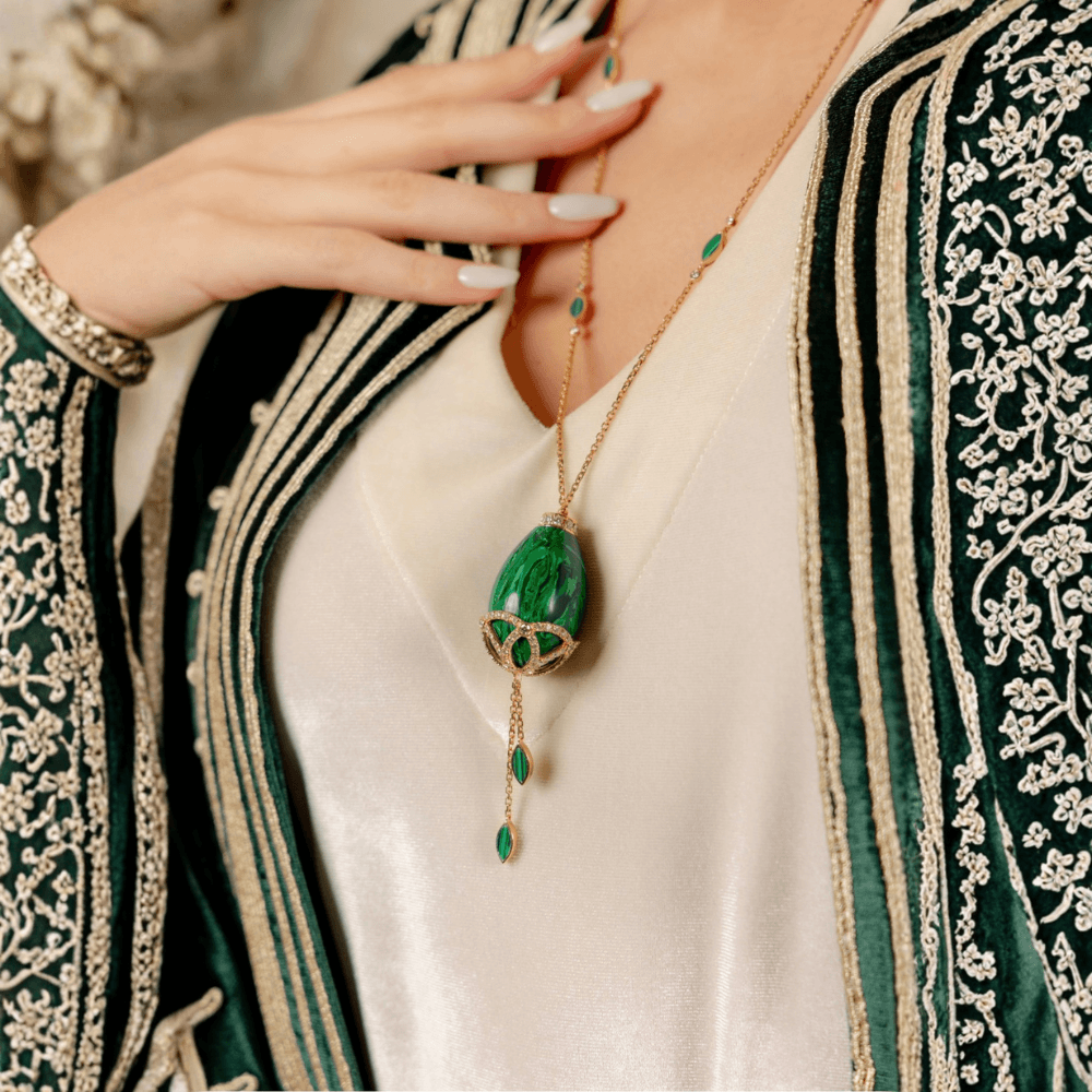 18K gold Otoor Malachite Diamond Necklace with natural malachite, diamonds, and integrated perfume design
