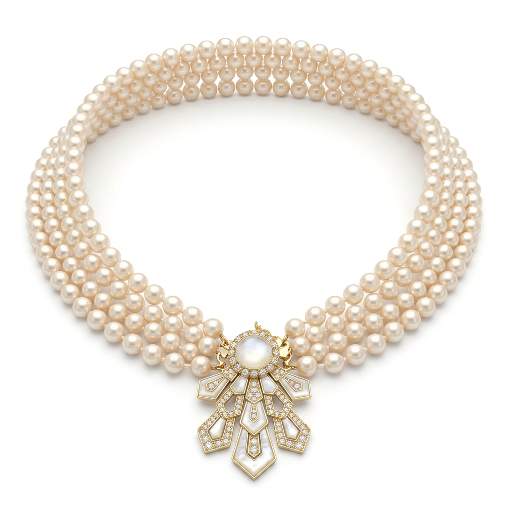 18K gold Nour Al Lulu necklace with multi-strand cultured pearls and mother-of-pearl diamond pendant