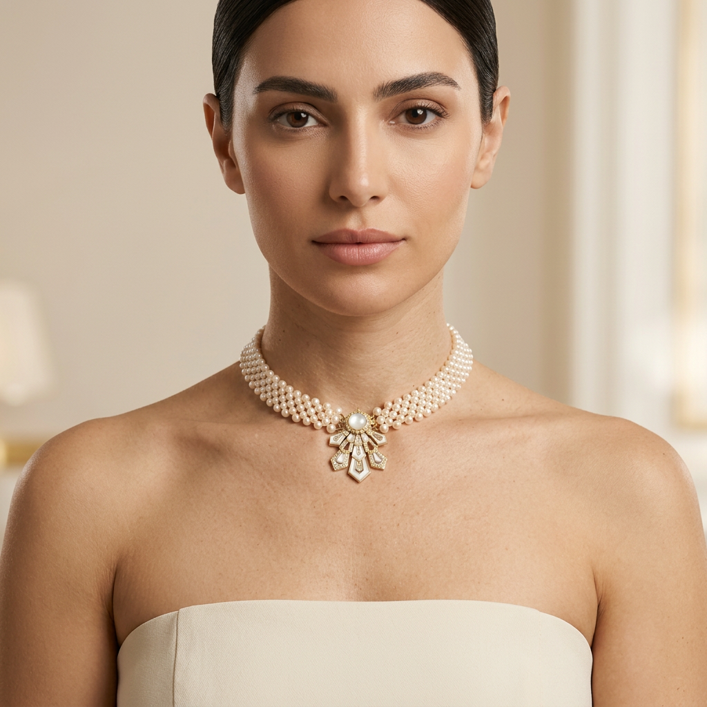 18K gold Nour Al Lulu necklace with multi-strand cultured pearls and mother-of-pearl diamond pendant