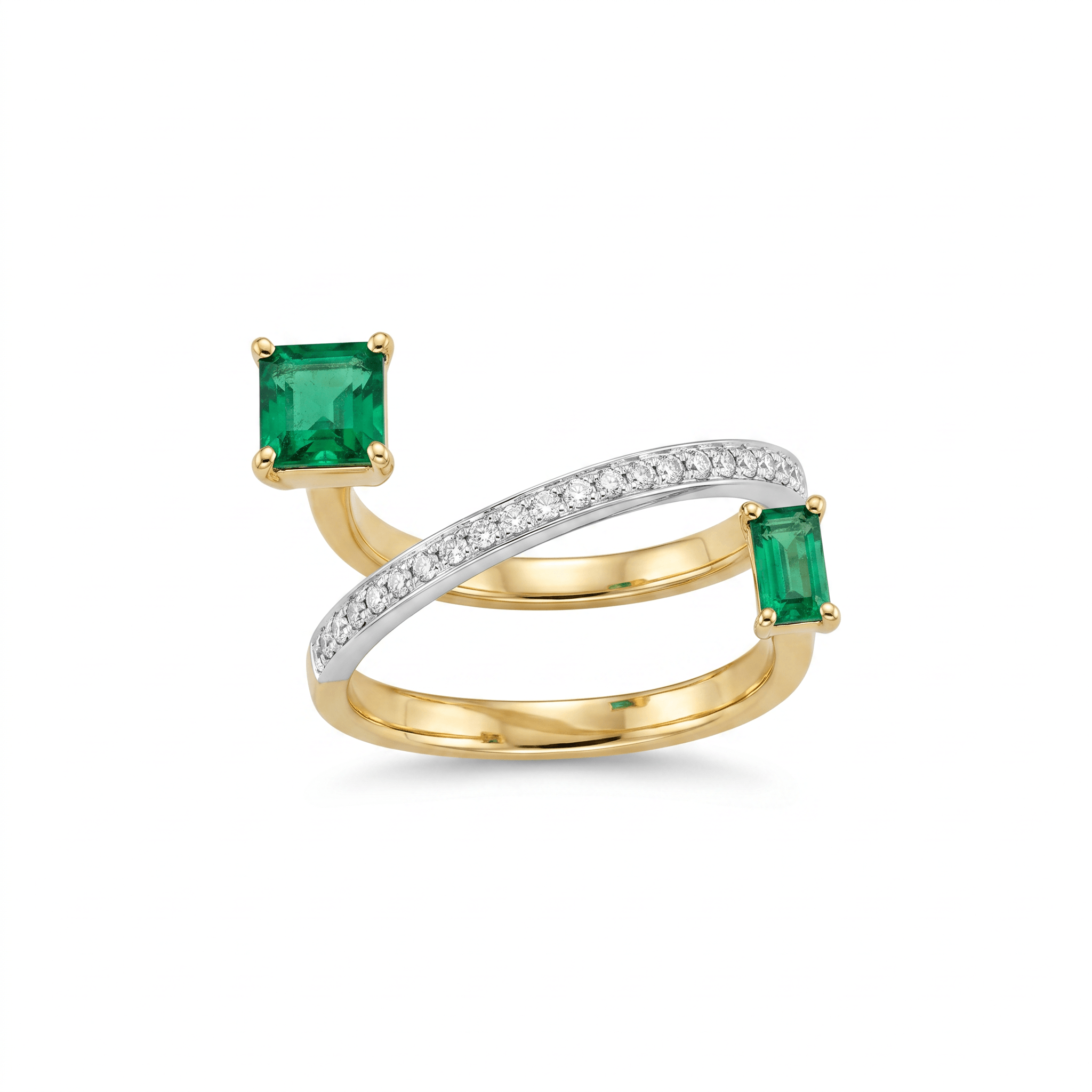 18K gold Équilibre Emerald Diamond Ring with emerald-cut emeralds and pavé-set diamond band