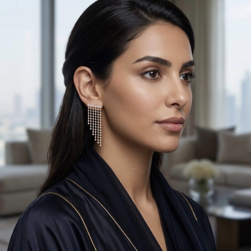 Woman wearing 18K gold Luminescence Diamond Chandelier Earrings with brilliant-cut diamonds
